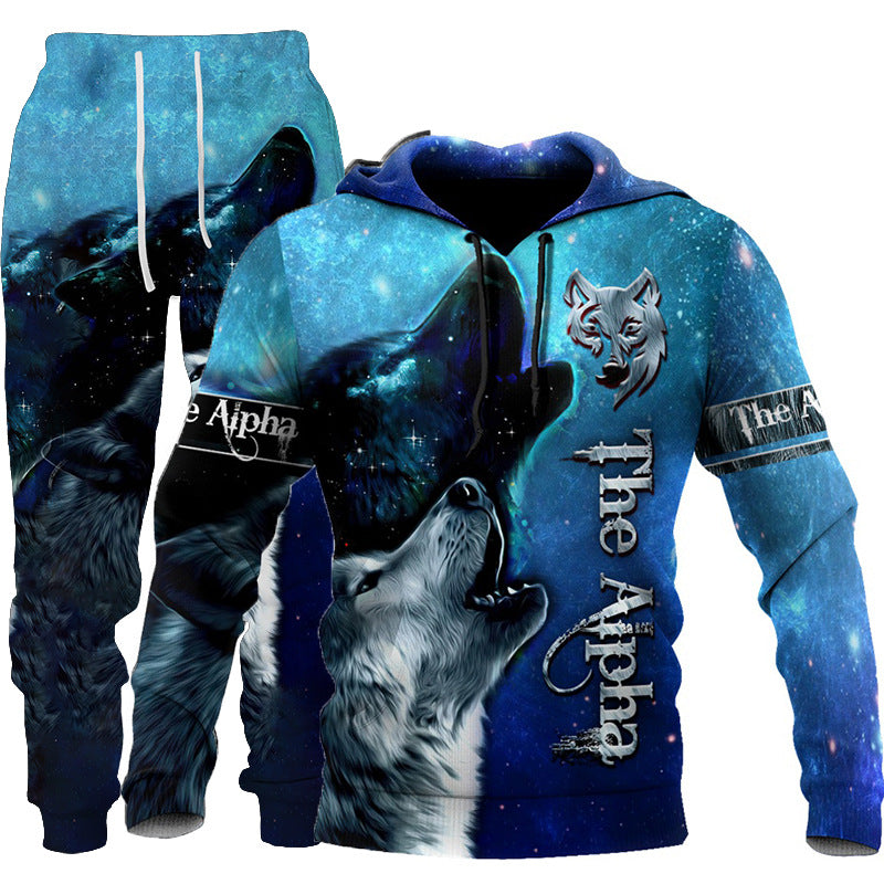 3D Wolf Print Tracksuit Men Sportswear Hooded Sweatsuit