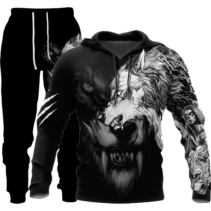 3D Wolf Print Tracksuit Men Sportswear Hooded Sweatsuit