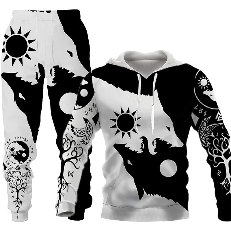 3D Wolf Print Tracksuit Men Sportswear Hooded Sweatsuit