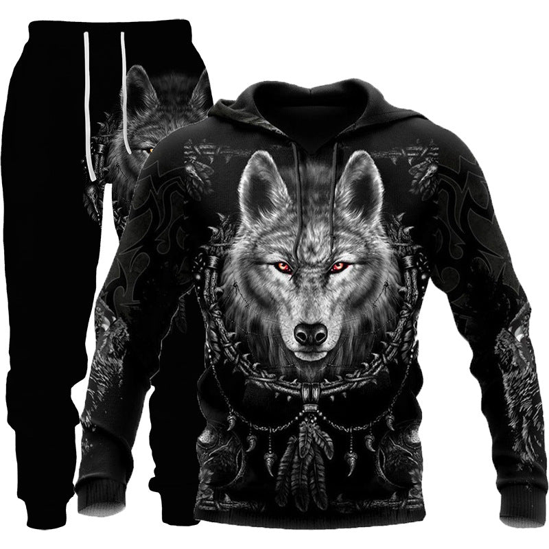 3D Wolf Print Tracksuit Men Sportswear Hooded Sweatsuit